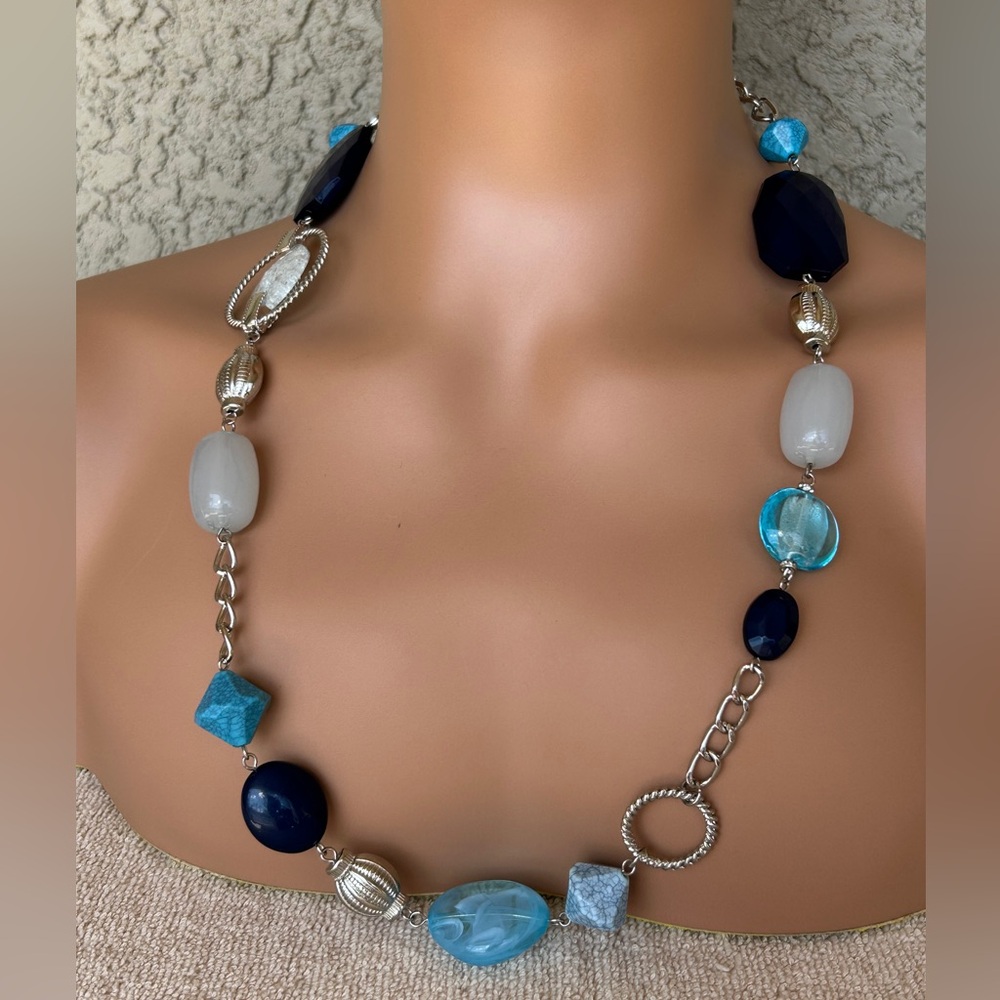 Shades of Blue & White Beaded Statement Necklace W/Silver Tone Accents
